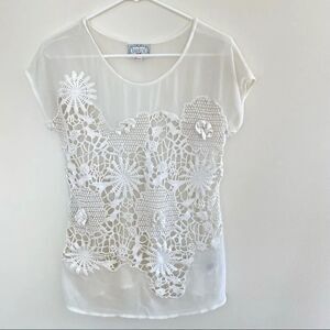 Baraschi see through short sleeve crochet front white floral XS